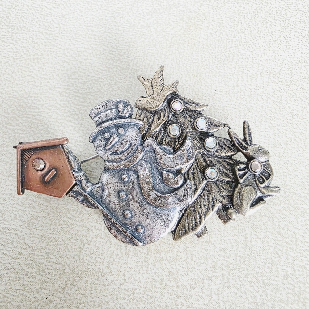 Vintage Festive Snowman Brooch with Birdhouse